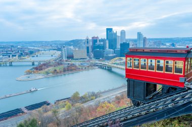 View of historic Duquesne Incline car and Pittsburgh panorama from the observation deck clipart