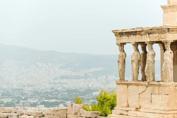Tornác Világ Híres Kariatidák Akropolisz Hegyen Athén Görögország Erechtheion — Stock Fotó
