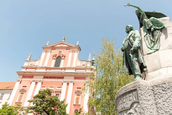 Roze Franciscaner Kerk Van Annunciatie Preseren Monument Voetgangers Preserem Vierkante — Stockfoto