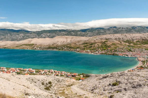 Panorama Ville Pag Sur Île Pag Avec Des Montagnes Velebit — Photo