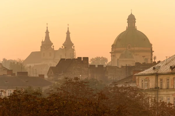 Střechy Města Lvova Dominikánská Silueta Katedrály Při Východu Slunce Ukrajina — Stock fotografie