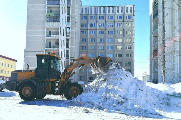 Ciągnika Oczyszcza Śnieg Podwórku Zbiera Stos Surgut Federacja Rosyjska Marca — Zdjęcie stockowe