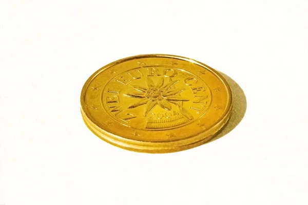 Монета Два Євро Ізольовані Білому Тлі Тіні Вид Зверху — стокове фото