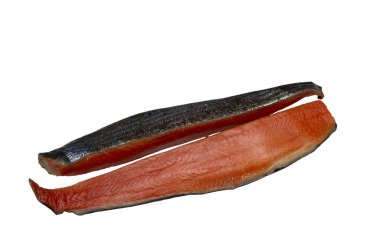 Balık Somon soğuk füme şeritler. Beyaz arka planda yalıtma