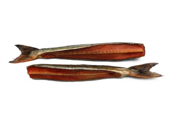 Peixe Salmão Fumado Kety Duas Peças Isolar Fundo Branco — Fotografia de Stock