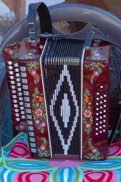 Accordéon Moderne Rouge Foncé Tient Sur Une Chaise Surgut Russie — Photo