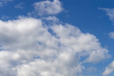 Mavi gökyüzü ve üzerinde beyaz bulutlar. Alt görünüm