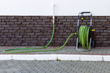Çim ve duvara yakın çiçekler sulama için bir makara bir taşınabilir yeşil hortum. Hortum su kaynağına bağlı. Görüntüle