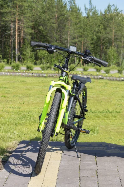 Zöld Sport Bike Parkban Elülső Nézet — Stock Fotó