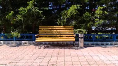 Yedek kulübesi ve vazosu. Önden bak. Sibirya 'da güneşli bir yaz günü.