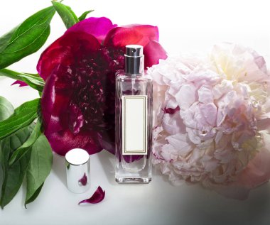 hafif bir arka plan üzerinde parfüm ve şakayık çiçekler