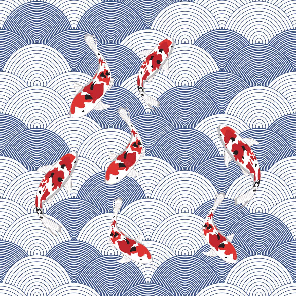 Vector fish illustration on water wave, asian seamless pattern, abstract ornament, japan - china background. Vector illustration - Vector