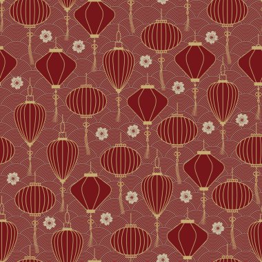 Dalga Arka Plan, Dekorasyon ve Festival Çin Geleneksel Fenerler Dikişsiz Desen. Çin Sembolü vektör illüstrasyon - Vektör