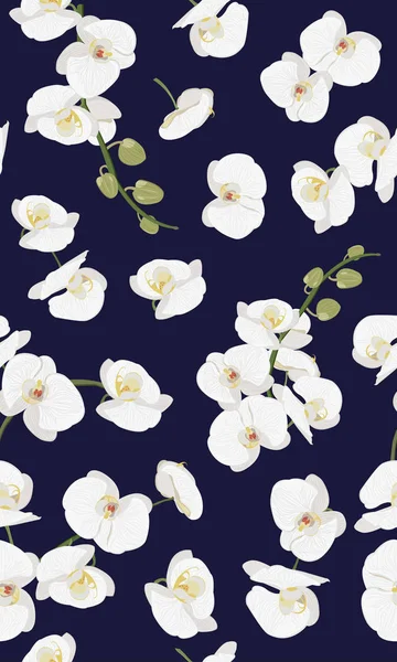 White orchid floral seamless pattern. Flowers bloom blossom foliage bouquet on dark blue background. — 스톡 벡터