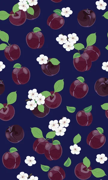 Fresh Purple Plum Seamless Pattern White Cherry Blossom Blue Background — Stock Vector