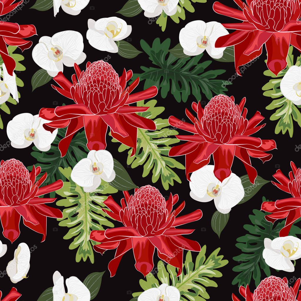 Red torch ginger seamless pattern with white orchid on black background