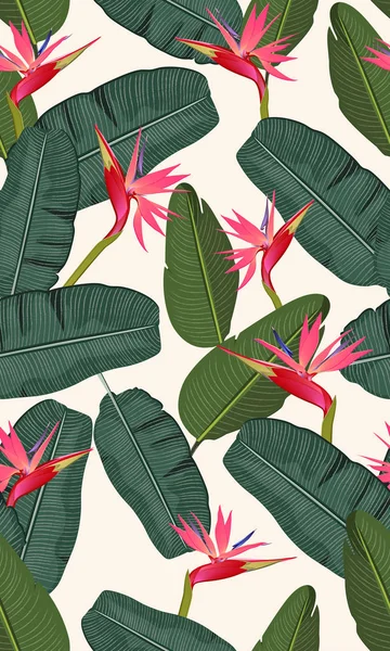 Modèle sans couture feuille de banane avec oiseau rose du paradis — Image vectorielle