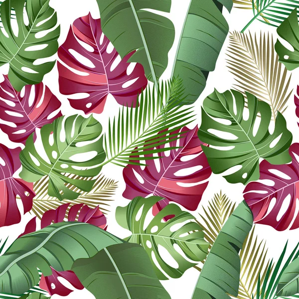 Sömlösa Mönster Med Tropiska Blad Palmer Monstera Bananblad Jungle Leaf — Stock vektor