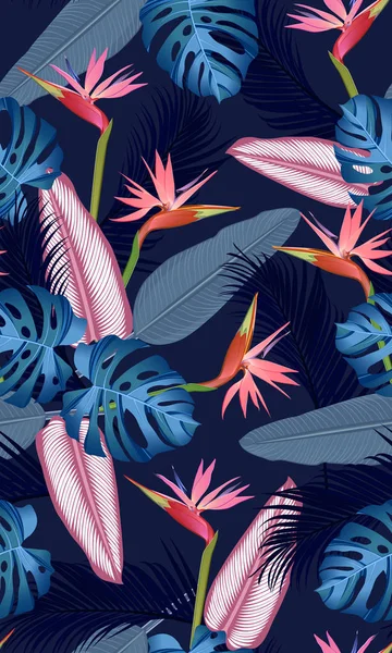 Sömlösa Mönster Tropiska Blad Med Paradisfågel Mörkblå Bakgrund — Stock vektor