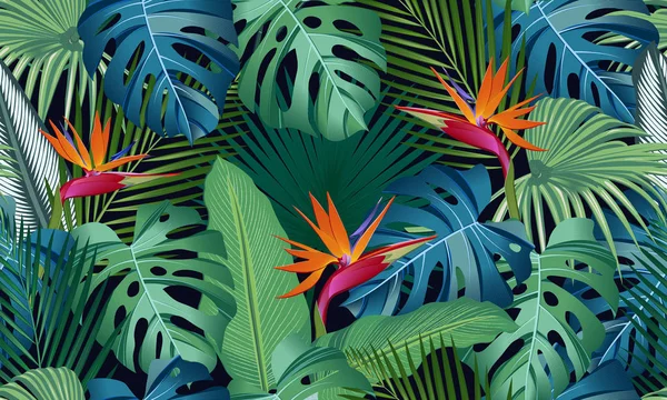 Patrón inconsútil hojas tropicales con pájaro del paraíso sobre fondo negro — Vector de stock