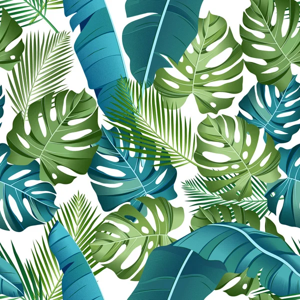 Sömlösa Mönster Med Tropiska Blad Palmer Monstera Bananblad Jungle Leaf — Stock vektor