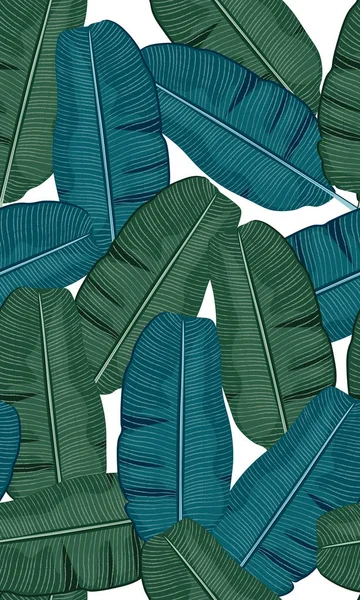 Nahtloses türkisfarbenes und grünes tropisches Muster mit Bananenblättern auf weißem Hintergrund, flachem Linienvektor und Illustration. - Vektor — Stockvektor