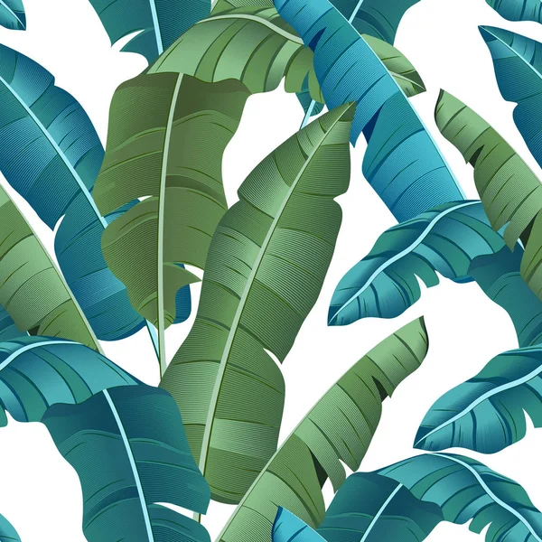 Nahtloses Türkisfarbenes Und Grünes Tropisches Muster Mit Bananenblättern Auf Weißem — Stockvektor