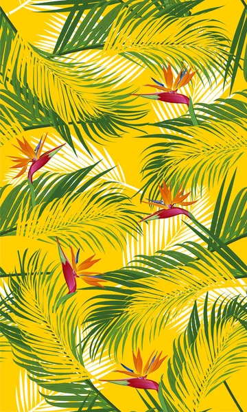 黄色の背景に楽園の鳥とシームレスなパターンヤシの葉 — ストックベクタ