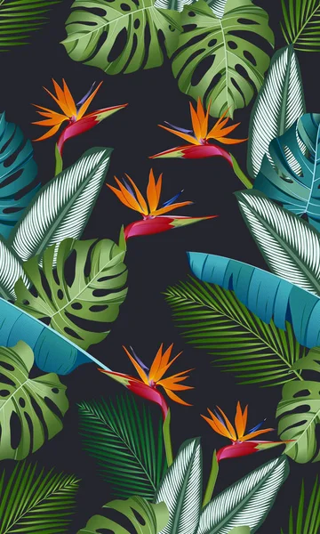 Bezproblémový vzor s ptačím rájem: tropické listí, palmy, Monstera, Calathea, bezproblémové vektorový model z džungle. Koupat botanický design. Vektorové. — Stockový vektor