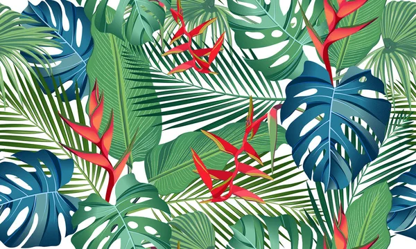 Sömlösa mönster tropiska blad med Heliconia blomma på vit bakgrund — Stock vektor