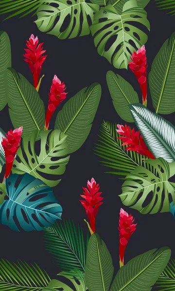 Nahtloses Muster Tropischer Blätter Mit Ingwerblüte Auf Schwarzem Hintergrund — Stockvektor