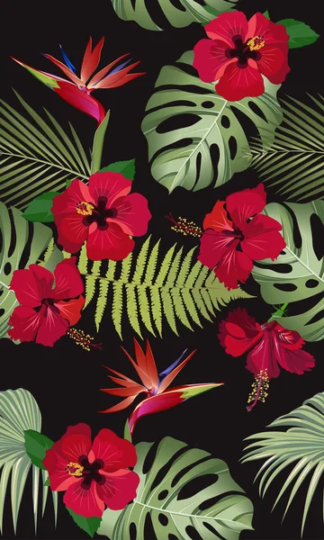 Sömlösa mönster tropiska blad med röd hibiskus blomma och paradisfågel på svart bakgrund — Stock vektor