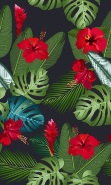 Siyah arka plan üzerinde kırmızı ebegümeci çiçek ve zencefil çiçek ile Dikişsiz desen tropikal yaprakları