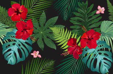 Seamless vector pattern tropical leaves with red hibiscus flower and pink orchid on black background clipart
