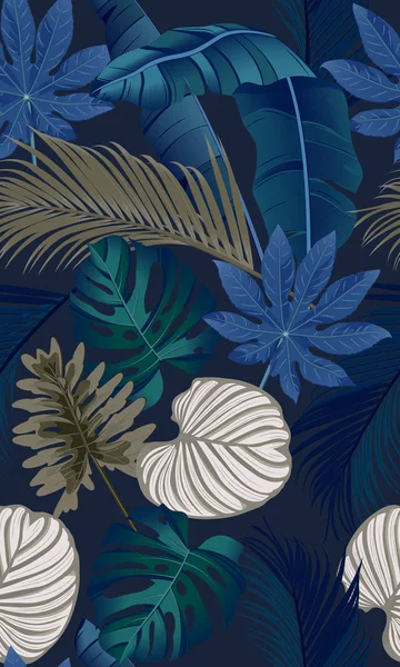 Patrón Sin Costuras Lujo Con Hojas Tropicales Sobre Fondo Azul — Archivo Imágenes Vectoriales