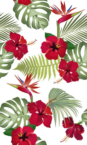 Sömlösa mönster tropiska blad med röd hibiskus blomma och paradisfågel på vit bakgrund — Stock vektor