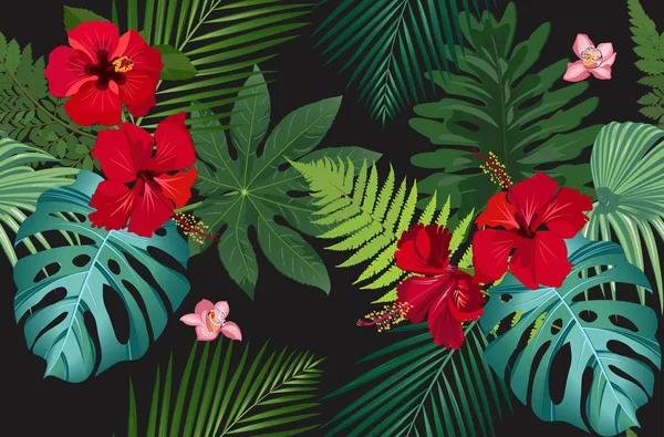 Patrón vectorial inconsútil hojas tropicales con flor de hibisco rojo y orquídea rosa sobre fondo negro — Archivo Imágenes Vectoriales