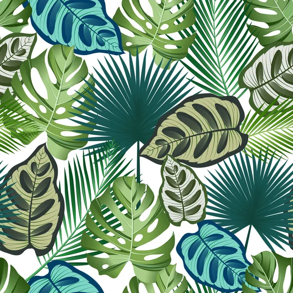 Nahtloses Muster Mit Tropischen Blättern Palmen Monstera Dschungelblatt Nahtloses Vektormuster — Stockvektor