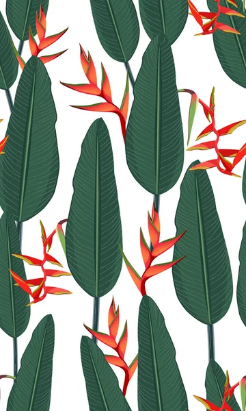 Naadloze Patroon Tropische Bladeren Met Heliconia Witte Achtergrond — Stockvector