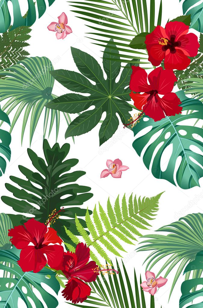 Seamless vector pattern tropical leaves with red hibiscus flower and pink orchid on white background