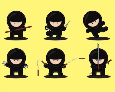 Ninjalar Vektör karikatür seti, Vektör illüstrasyon