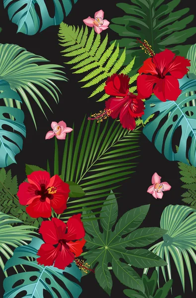 Patrón vectorial inconsútil hojas tropicales con flor de hibisco rojo y orquídea rosa sobre fondo negro — Archivo Imágenes Vectoriales