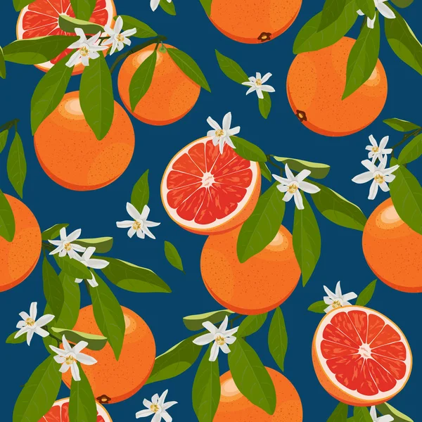 Naadloze Patroon Oranje Vruchten Met Bloemen Bladeren Blauwe Achtergrond Grapefruit — Stockvector