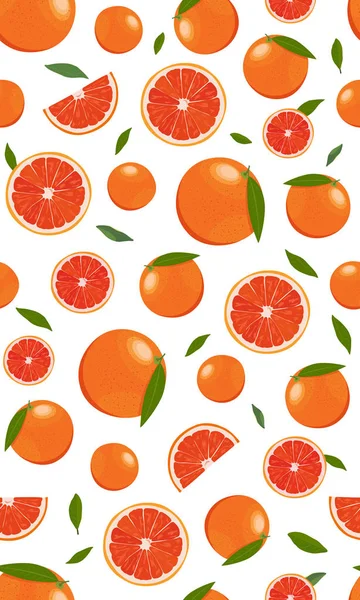 Frutti Arancio Modello Senza Cuciture Fetta Con Foglie Sfondo Bianco — Vettoriale Stock