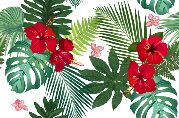 Sömlös vektor mönster tropiska blad med röd hibiskus blomma och rosa orkidé på vit bakgrund — Stock vektor