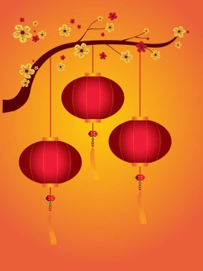Fenerler ve çiçek çiçeği, Çin tarzı vektör illüstrasyon