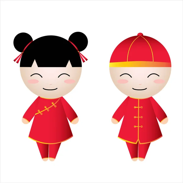 Glückliche Chinesische Mädchen Junge Grüße Vektorillustration — Stockvektor