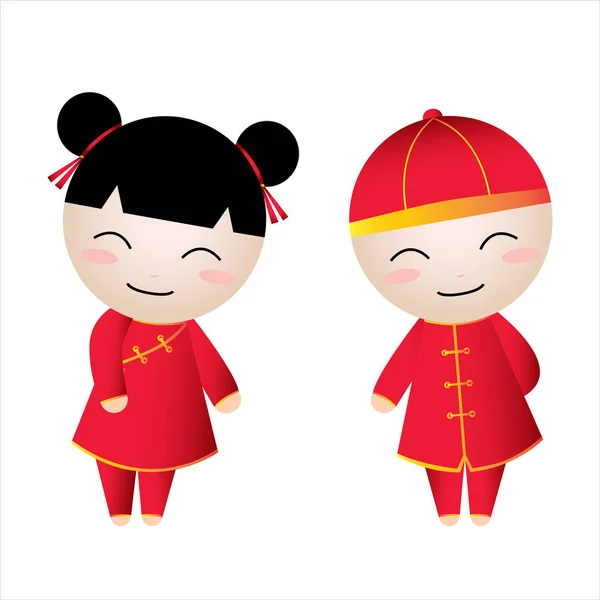 Glückliche Chinesische Mädchen Junge Grüße Vektorillustration — Stockvektor