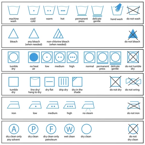 Symbolsatz Von Waschzeichen Und Etikettensymbolen Für Textilpflege Vektorillustration — Stockvektor