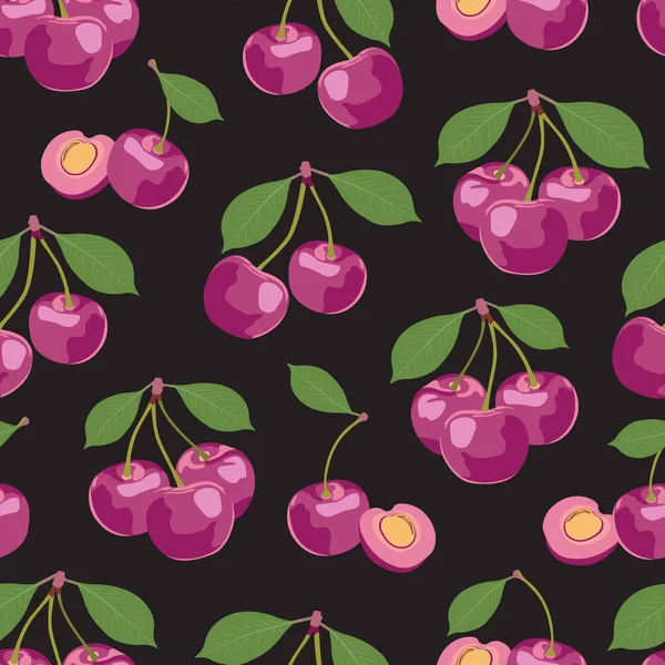 シームレスなパターンピンクチェリーフルーツ 新鮮なオーガニック食品 黒に紫のフルーツベリーパターン ベクトルイラスト — ストックベクタ